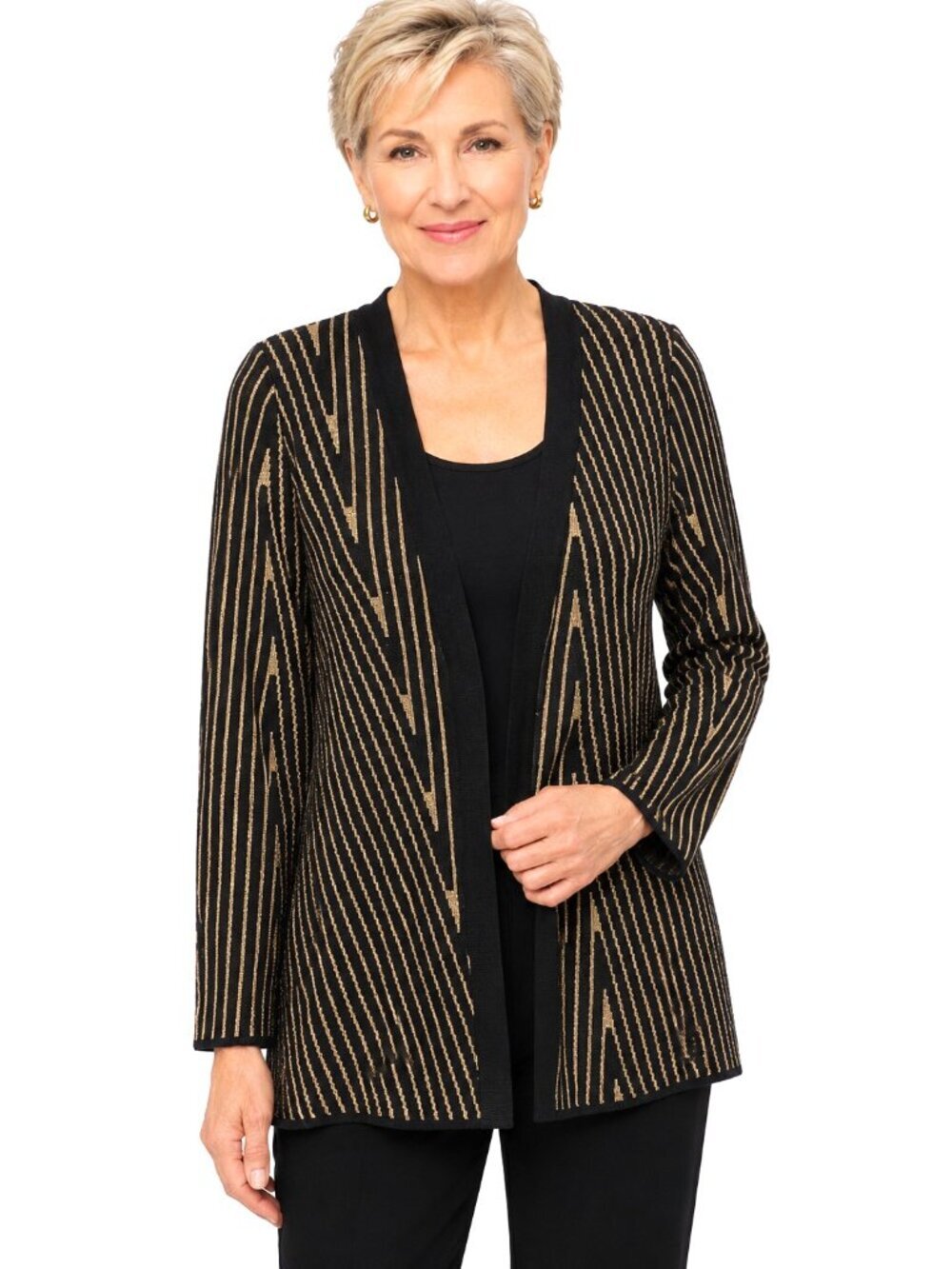 Misook Black Gold Lurex Stripe Knit Cardigan Sweater